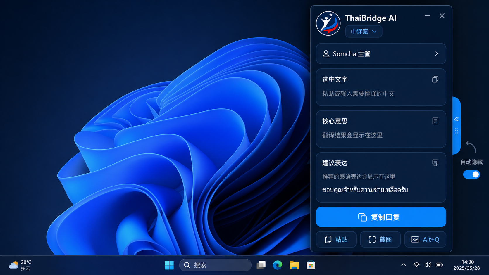 ThaiBridge AI Windows 安装版停靠在 Windows 11 屏幕右侧的工作界面